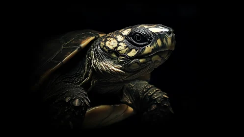Brooding tortoise portrait in dramatic low key lighting.