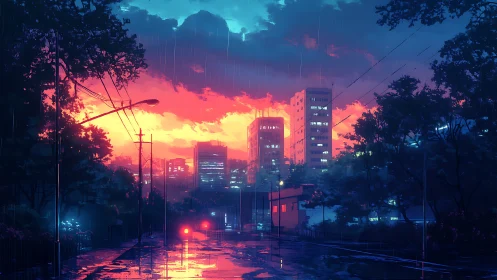 Sunset rain paints a quiet neon city street with soft glow