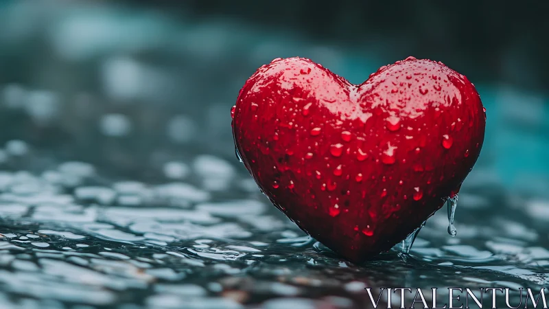 Red heart-shaped form suspended in water with droplets.