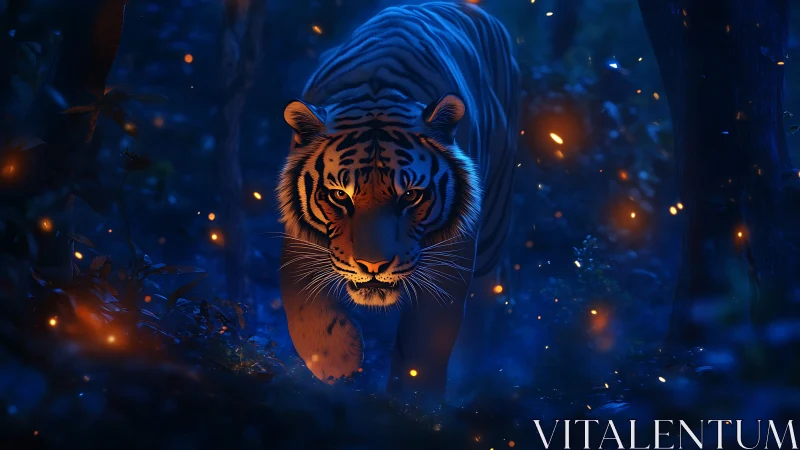 Nocturnal tiger emerging through ember-lit jungle shadows.