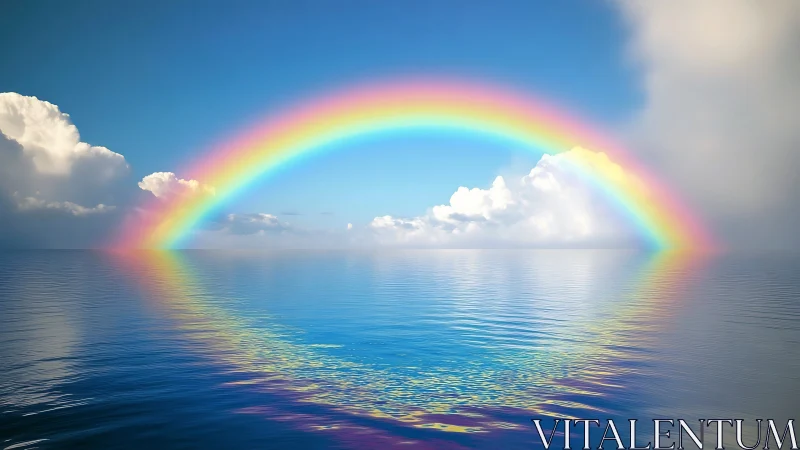 Rainbow arc over calm ocean surface with cloud backdrop.