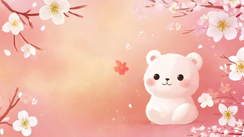 Springtime bear daydream under soft cherry blossoms.