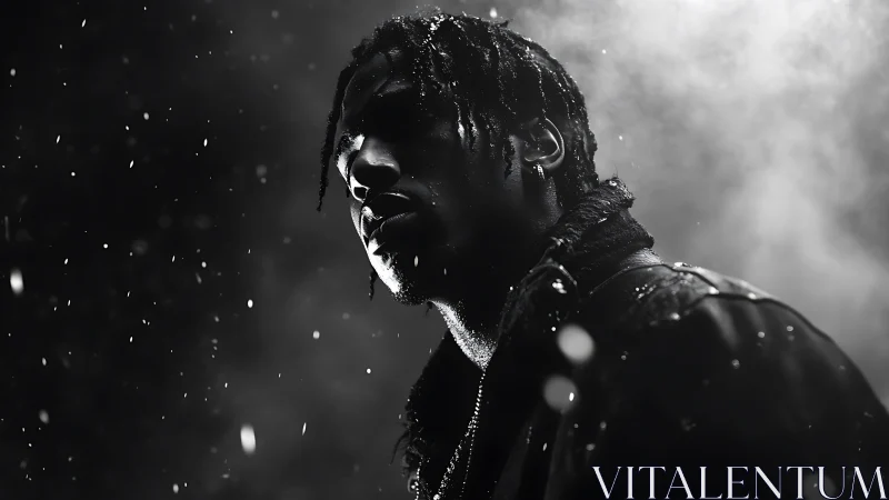 Moody monochrome portrait captures a man in falling snow