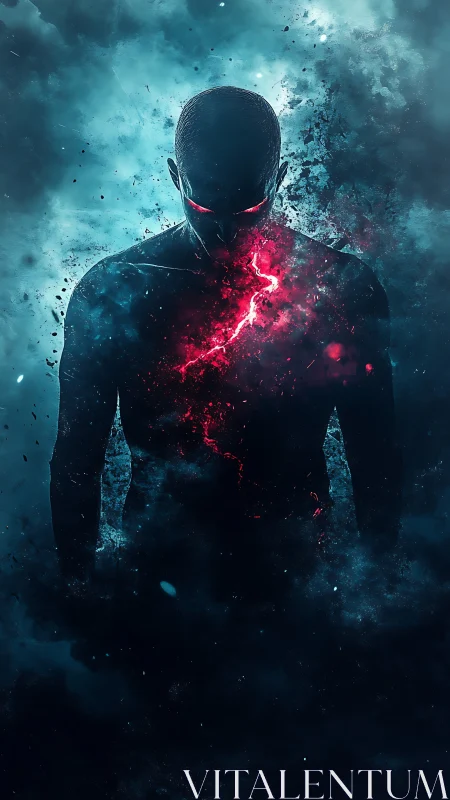 Dark cosmic entity radiates red core energy. Period.