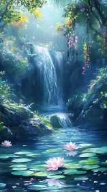 Whispering waterfall garden cradling spellbound lilies.