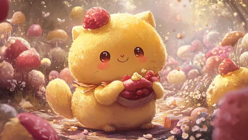 Luminous Anthropomorphic Feline Character in Macro Berry Garden Environment. 3D Rendered Digital.