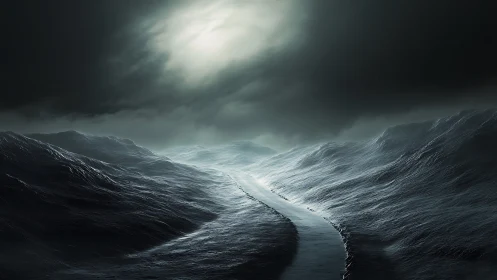 Dark stormy seascape with narrow path cutting through water.