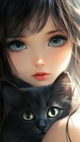 Digital portrait: girl with blue eyes and black cat