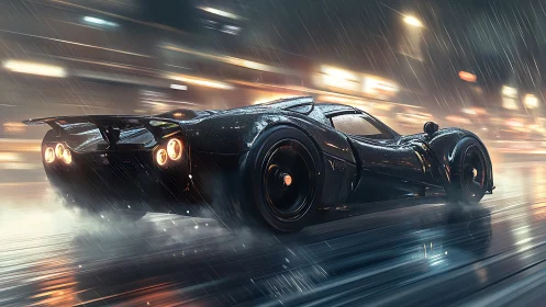 Midnight supercar glides through neon rain with fierce grace