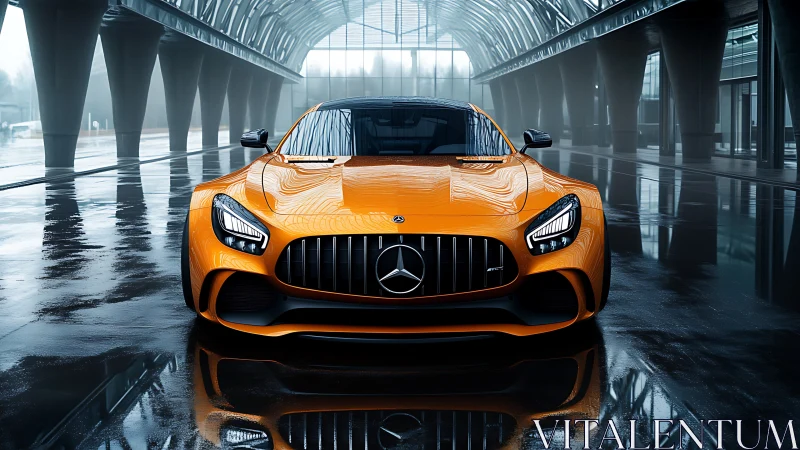 Orange sports coupe dominates sleek futuristic tunnel scene.