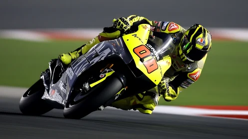 Motorcycle racer leans into high speed corner on track