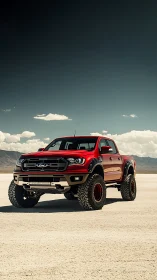 Bold red off road pickup truck ready for open desert adventures.