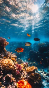 Sunlit coral reef ecosystem under clear shallow seawater column