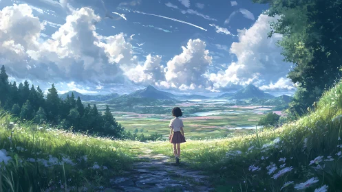 Sky-stitched valley vista with lone girl chasing horizons.