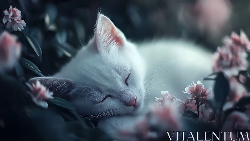 White Feline with Closed Eyes Among Pink Flowering Plants