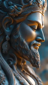 Serene regal deity profile in warm cyan rim lighting.