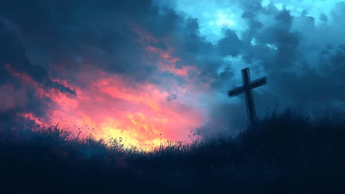 Lone hillside cross meets a blazing pink and blue sky.