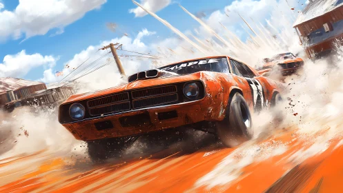 Orange muscle cars racing on dusty rural dirt road scene.