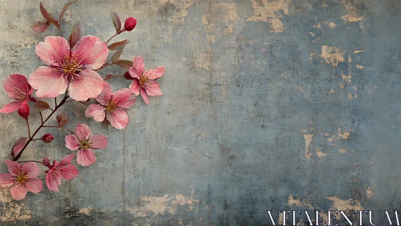 Pink Cherry Blossoms Against Weathered Concrete Wall.