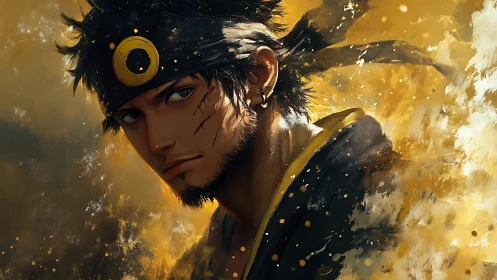 Stoic anime warrior in golden painterly portrait.