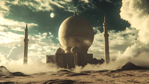 Desert mosque with suspended hemispherical dome in volumetric fog