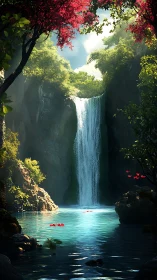 Sunlit forest waterfall over turquoise secluded pool.