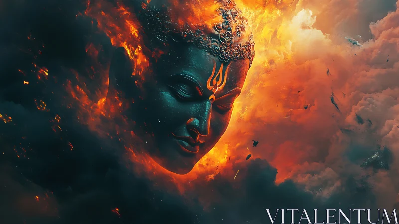 Serene divine face emerges from blazing cosmic firestorm.