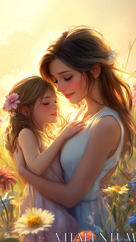 Mother and Daughter in Golden Sunlight Field.