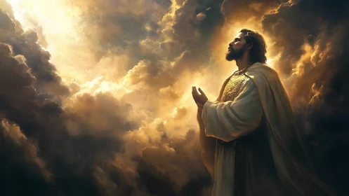 Radiant robed figure praying within a storm of living light.