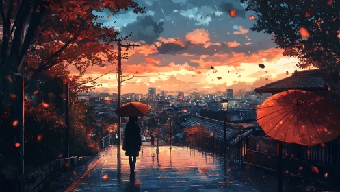 Rainy hilltop street overlooking sunset city skyline.