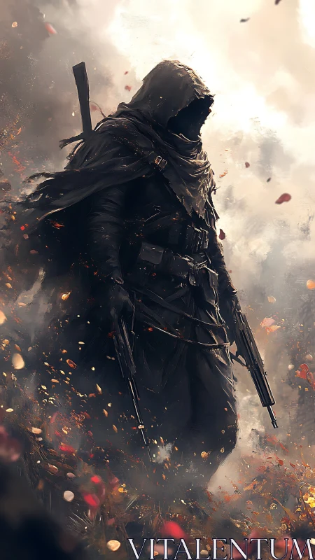 Hooded armed wanderer walking through swirling embers.