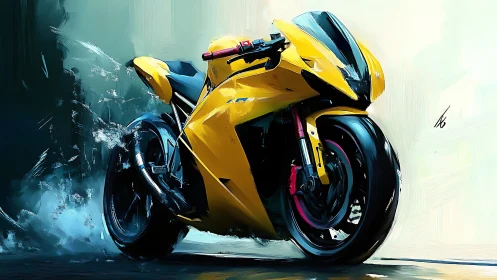Solar yellow superbike shreds wet asphalt in painterly fury.