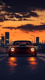 Sunset muscle car prowls the neon-laced urban highway.