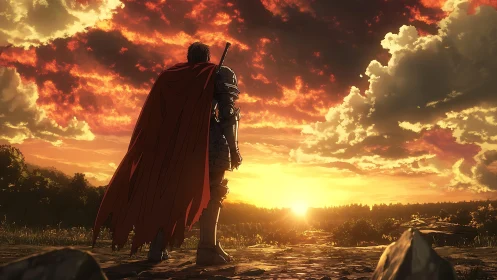 Armored warrior observing a dramatic sunset horizon in anime