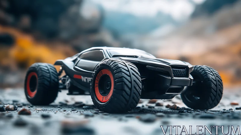 RC off-road truck powers across rocky mountain trail.