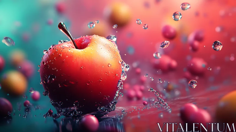 Red apple with water droplets in colorful motion scene.