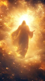 Celestial robed figure ascending through radiant starburst light.