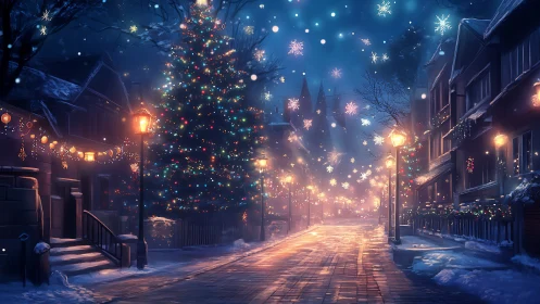 Snowy city street shows illuminated Christmas tree at night