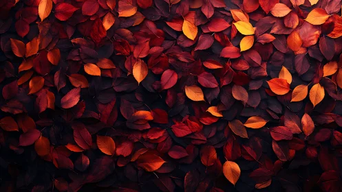 Chromatic macro array of red-orange autumn foliage on dark ground.