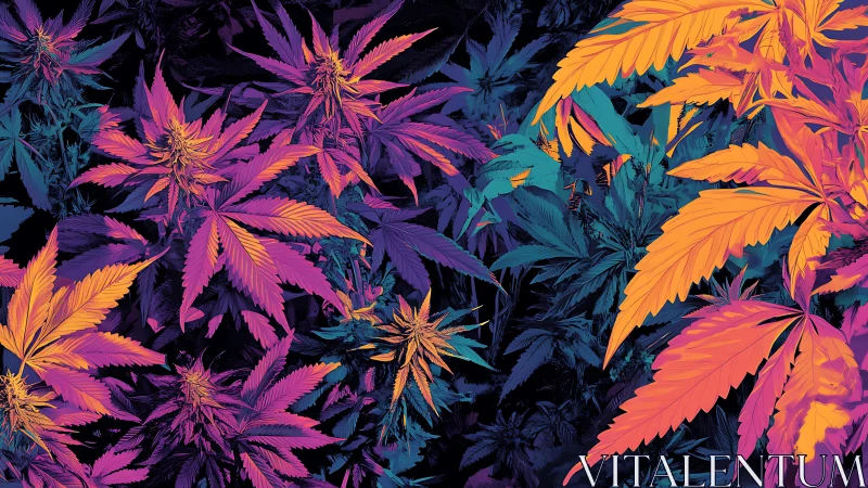 Neon cannabis leaves glow against deep shadowed foliage