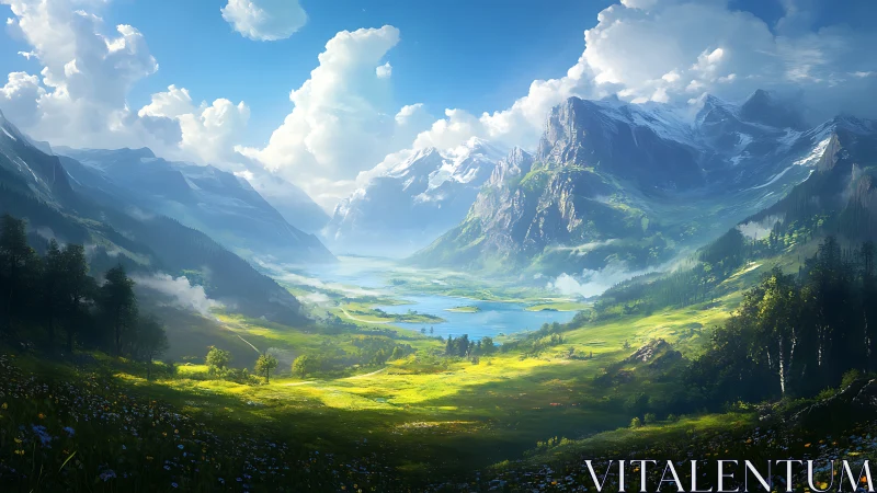 Sunlit alpine valley stretches toward distant blue lakes