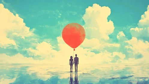 Silhouetted couple holds red balloon under vast cyan sky