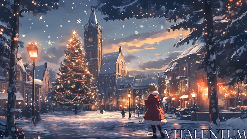 Snowy town square glows with towering Christmas tree lights.