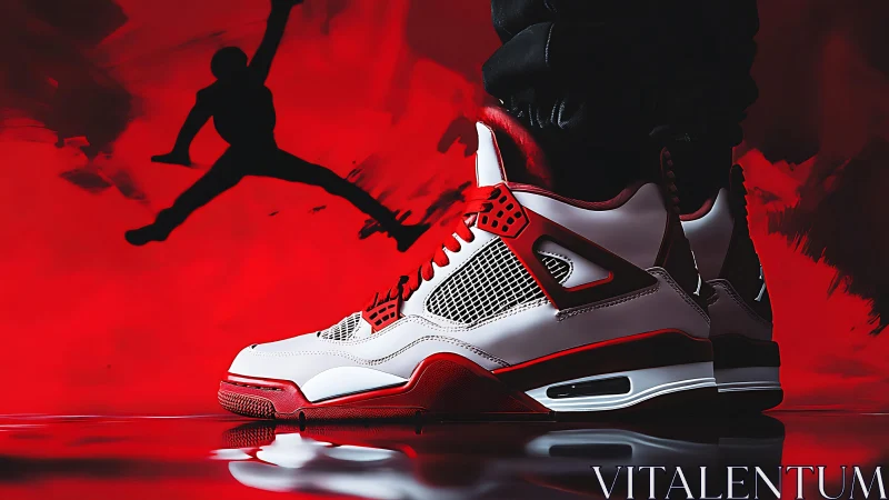 Red and white basketball sneakers against bold red backdrop.