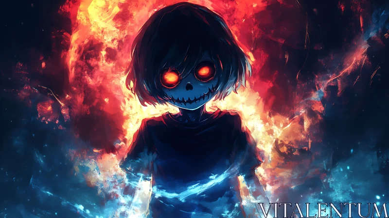 Demonic child silhouette burns through neon inferno haze.