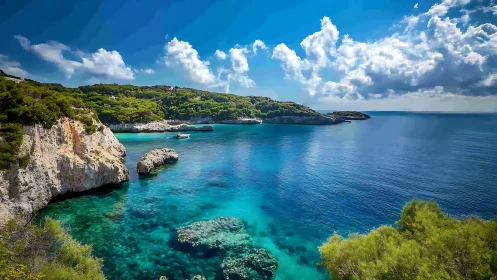 Rocky coastal inlet with clear blue sea and scattered clouds.