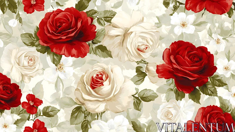 Red and Cream Roses with White Flowers on Pale Background