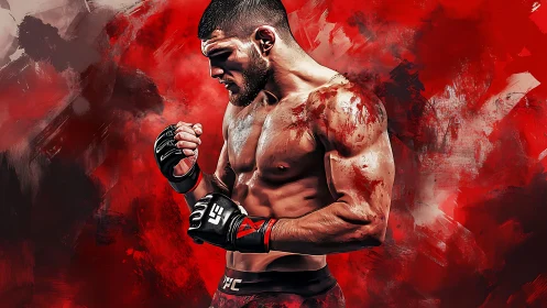 MMA Fighter in Combat Stance with Red Atmospheric Design.