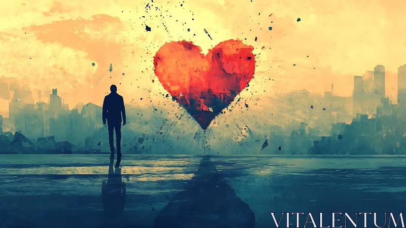 Solitary figure observing oversized heart form cityscape