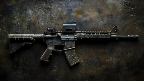 Tactical carbine with modular optics on oxidized metal backdrop.